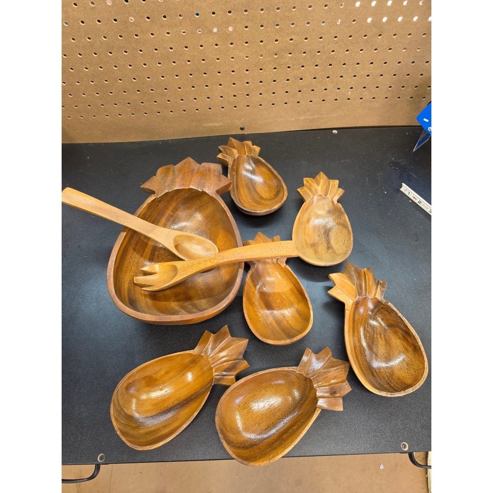 Vintage Monkey Pod Wood Pineapple Salad Set 9pc Serving Bowl & Utensils